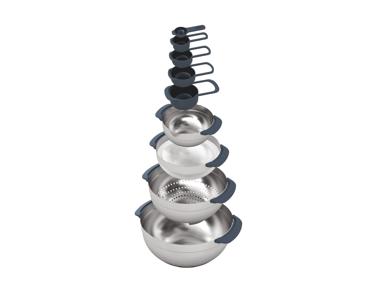 Kompaktes 9-teiliges Schüssel-Set aus Edelstahl zur Speisenzubereitung - Messbecher, Rührschüsseln, Siebe | Nest 9 Steel Bowl