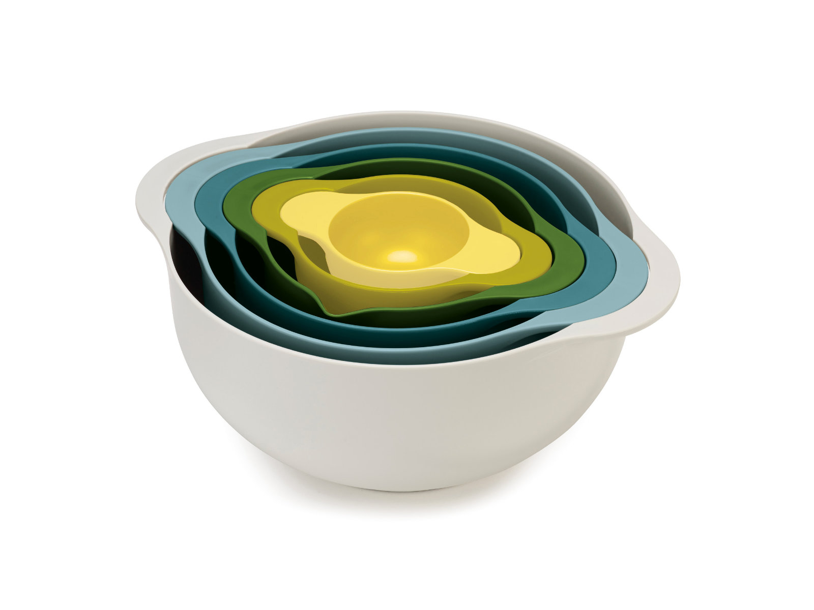 6-teiliges kompaktes Lebensmittelzubereitungsset mit Rührschüsseln, Messbechern und Sieb | Duo 6PC Food Preparation Bowl Set
