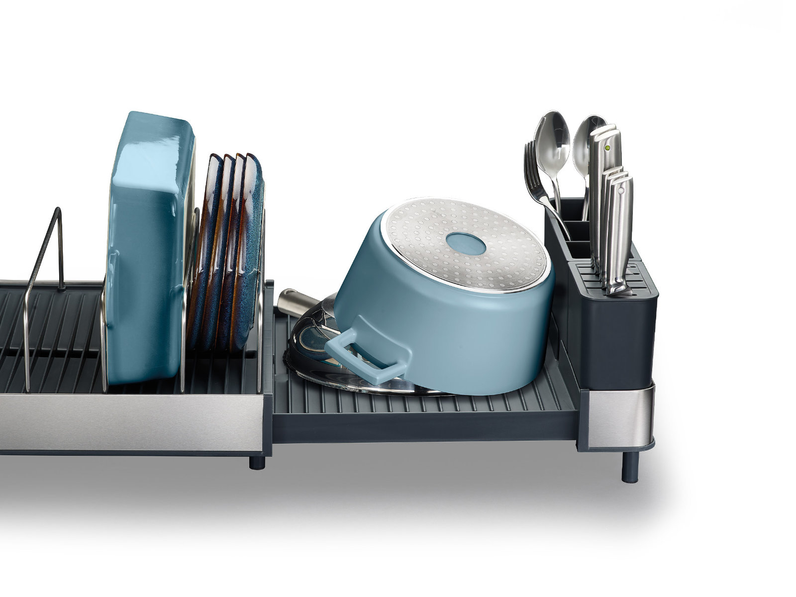 Ausziehbares Abtropfgestell aus Edelstahl mit Ablaufstutzen | Extend Max Steel Dish Rack