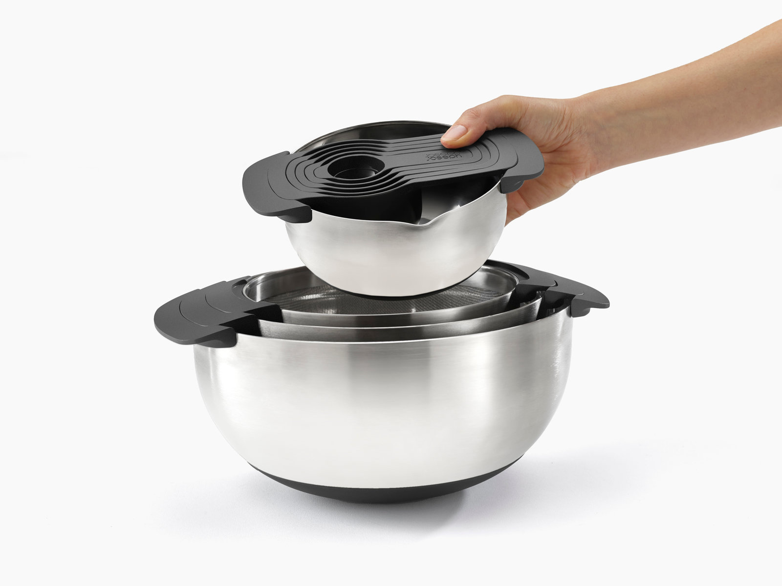 Kompaktes 9-teiliges Schüssel-Set aus Edelstahl zur Speisenzubereitung - Messbecher, Rührschüsseln, Siebe | Nest 9 Steel Bowl