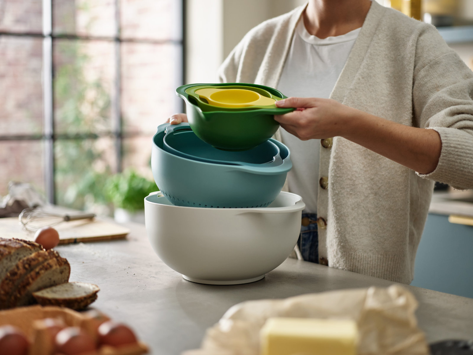 6-teiliges kompaktes Lebensmittelzubereitungsset mit Rührschüsseln, Messbechern und Sieb | Duo 6PC Food Preparation Bowl Set