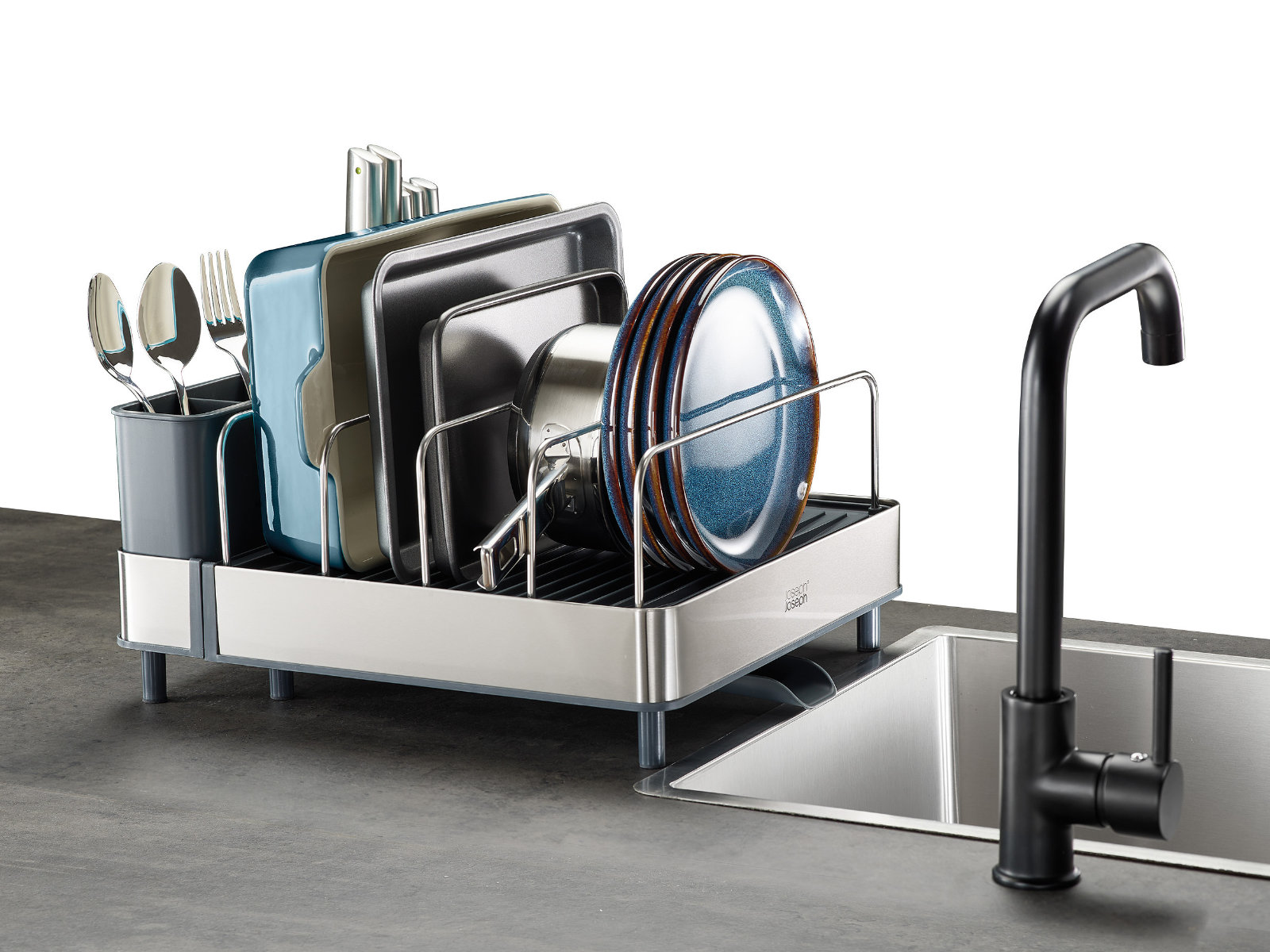 Ausziehbares Abtropfgestell aus Edelstahl mit Ablaufstutzen | Extend Max Steel Dish Rack